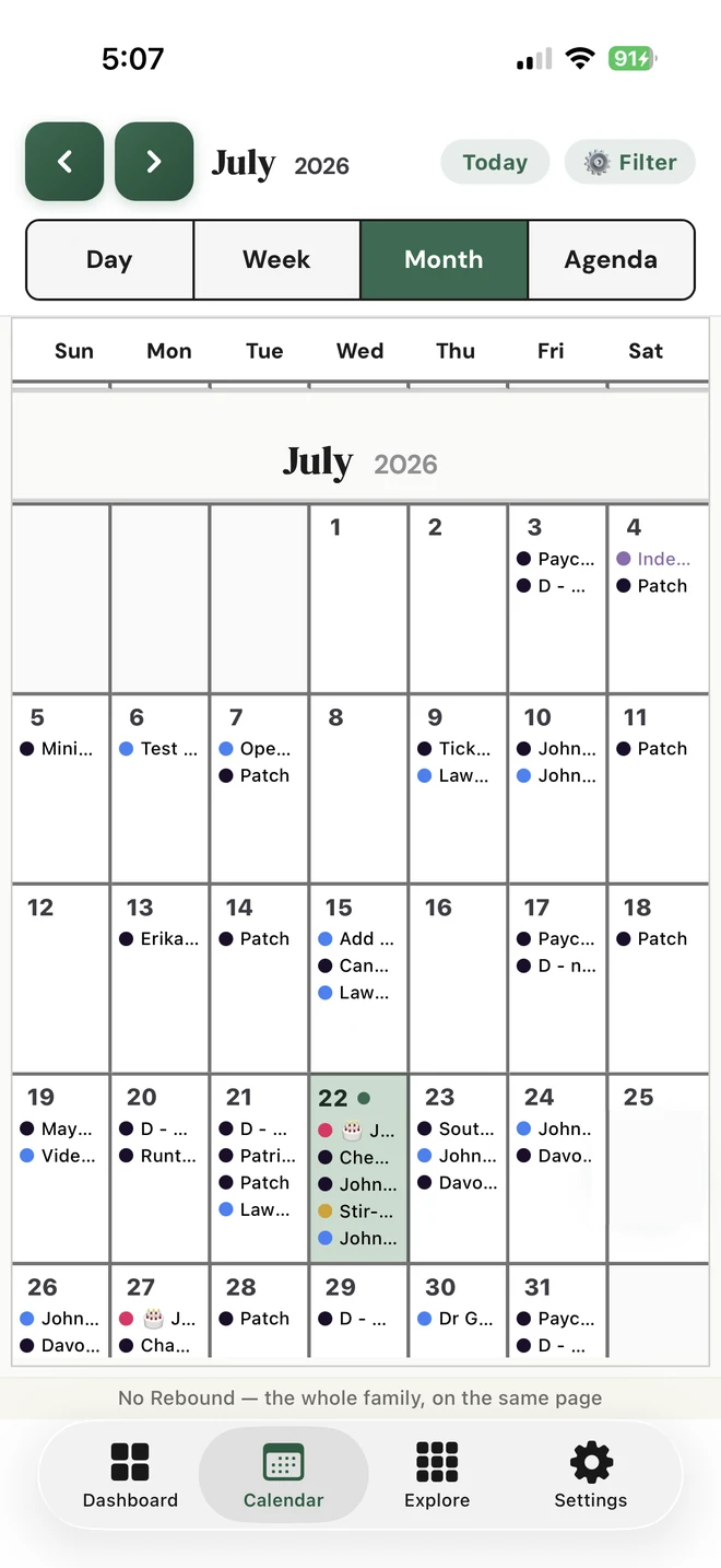 Shared color-coded family calendar month view in No Rebound