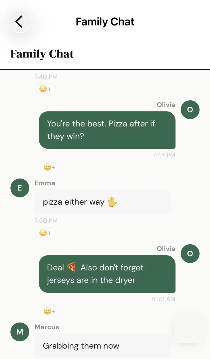 Family chat in No Rebound with pizza plans and jersey reminders