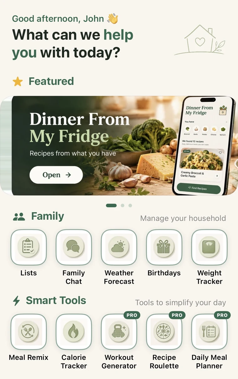 No Rebound Explore tab featuring Dinner From My Fridge, family tools, and smart tools