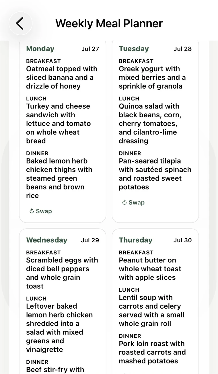 Weekly meal planner showing a full week of breakfasts, lunches, and dinners